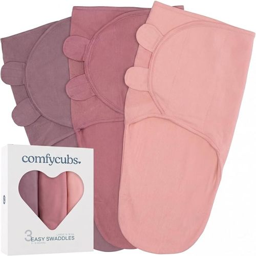 Comfy Cubs Easy Swaddle Blanket, 3 Pack - 100% Cotton Newborn Wrap, Large for 3-6 Months Infants, Breathable and Durable Sleep Sack for Babies - Blush, Mauve & Mulberry