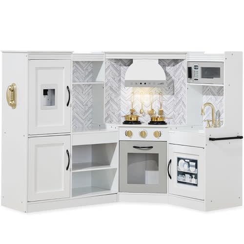 Best Choice Products Pretend Play Corner Kitchen, Ultimate Interactive Wooden Kids Playset w/Lights & Sounds, Ice Maker, Hood - White