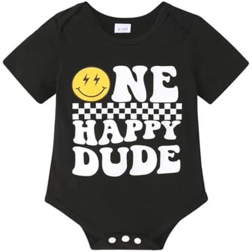 Happy Town Boy Baby First Birthday Outfit Short Sleeve Romper One Happy Dude Bodysuit 1 Year Old Gift Smiley Face Clothes