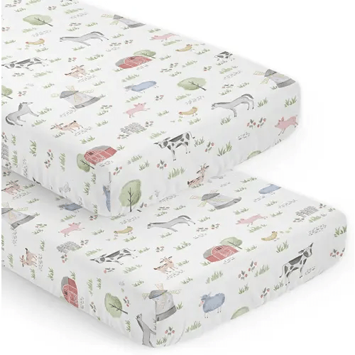 Sweet Jojo Designs Farm Animals Boy Girl Baby Fitted Crib Sheet Set Infant Newborn Nursery Toddler Bed Room Standard Mattress 2pc Gender neutral Watercolor Farmhouse Barn Horse Pig Cow Black and White