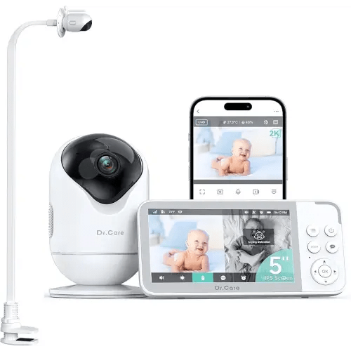 Dr.Care VistaView 5” Smart WiFi Baby Monitor with Clip Mount - 2K HD Camera, App Control, Cry & Motion Alerts, Night Vision, 5000mAh Battery, 2-Way Talk, Multi-User, Triple Security
