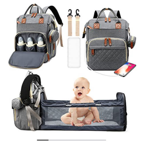 Diaper Bags with Changing Station Large Capacity Travel Baby Bags Backpack for Dad Mom Multifunction Foldable Nappy Bags with Crib/Pacifier Case/USB Charging Port/Insulated Pockets/Waterproof