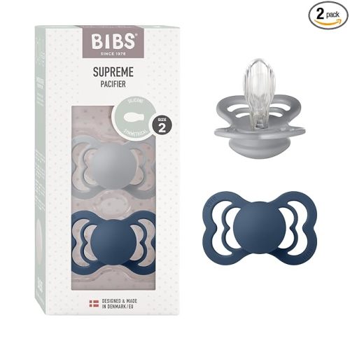 BIBS Supreme Baby Pacifier 2-Pack | Made in Denmark | BPA Free Dummy Soother, Symmetrical Nipple. Silicone, Size 2 (6-18 Months), Cloud/Steel Blue