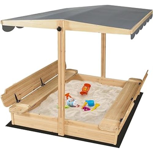 Wooden Sandbox for Outdoor Backyard, 48x48in Large Sand Box with Canopy for Aged 3-12 Years Old, Kid Sand Pit with 2 Foldable Bench Retractable Roof Bottom Liner (Burly Wood)