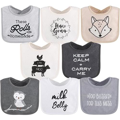 The Peanutshell Baby Boy or Girl Terry Bibs Set of 8-100% Cotton, Soft, Absorbent Baby Bibs for Boys and Girls, Unisex Toddler Set, Newborn & Infant - Black, White, Grey
