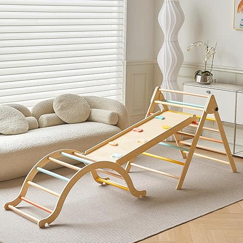Giant bean Pikler Triangle Set, Pastel 5 in 1 Pickler Climbing Set, Foldable Wooden Toddler Climbing Toys Indoor, Playground Jungle Gym for Kids 2-6, Montessori Set