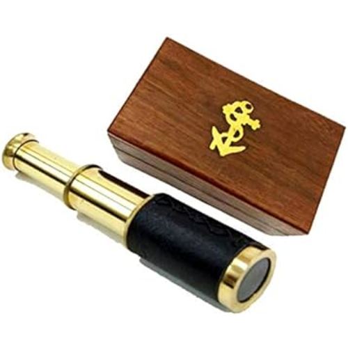 6" Brass Handheld Telescope with Wooden Box - Pirate Navigation with Anchor Wooden Box Rustic Vintage Home Decor Gifts