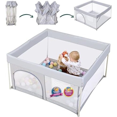 BABELIO Foldable Baby Playpen 46" × 46", Portable Playard for Babies and Toddlers, Parents' Picks Awards Winner, No Assembly Required, Indoor & Outdoor Kids Safety Play Pen Area, Travel Fence, Grey