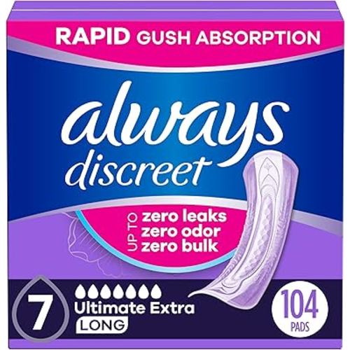 Always Discreet Adult Incontinence Pads for Women, Ultimate Extra Absorbency, Long Length, Postpartum Pads, 104 Count (4 Packs of 26)