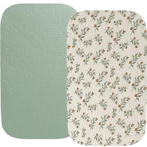 Muslin Bassinet Sheet Compatible with AMKE 3 in 1 Bassinet(35 X 20), Milliard, Bellababy, TCBunny Bassinet, 2 Pack Cotton Stylish Boho Fitted Bassinet Sheets for Baby Roman Green & Botanical Leaf - for AMKE 3 in 1 Bassinet & Bellababy & M...
