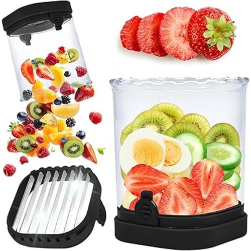 Strawberry Slicer, Fruit Slicer Cup with Push Plate, Fruit Cutter Cup Slicer Kitchen Gadget for Egg Kiwi Banana Cucumber, Strawberry Cutter Tool, Cup Slicers for Fruits and Vegetables (Black)
