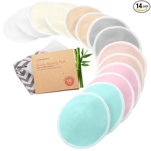Organic Nursing Pads - 14 Washable Breast Pads for Breastfeeding, Wash Bag, Viscose Derived from Bamboo Reusable Nipple Covers for Breastfeeding Essentials, Soft & Absorbent (Pastel Touch, L 4.8")