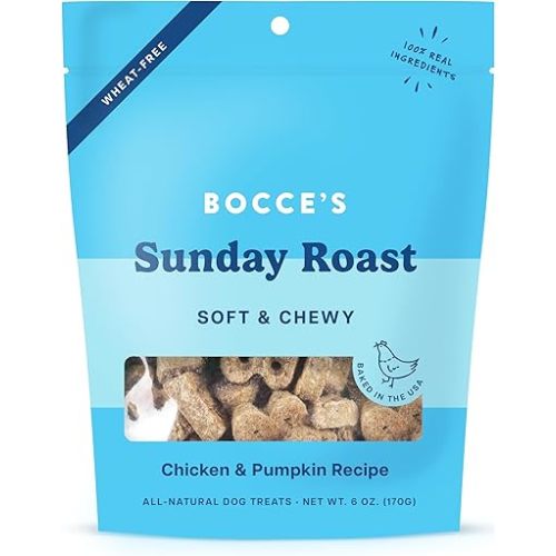 Bocce's Bakery Oven Baked Sunday Roast Treats for Dogs, Wheat-Free Everyday Dog Treats, Made with Real Ingredients, Baked in The USA, All-Natural Soft & Chewy Cookies, Chicken & Pumpkin Recipe, 6 oz