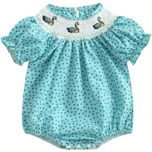 Newborn Baby Girl Hunting Clothes Embroidery Duck Romper Smocked Puff Short Sleeve Camo/Striped/Plaid Bubble Bodysuit