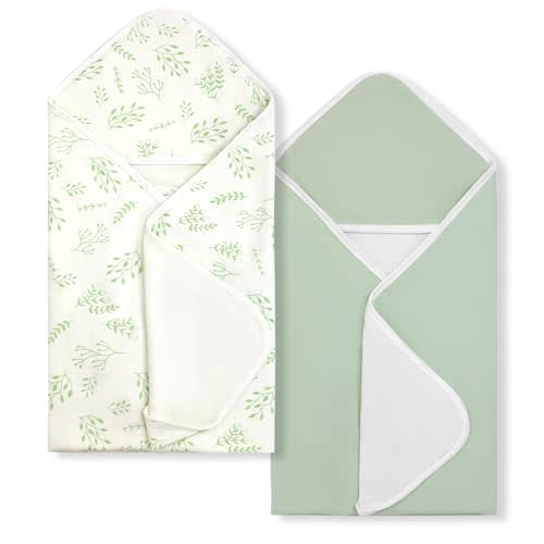 BabyAlly Baby Towels 2 Pack,Hooded Baby Towels Set,Baby Infant Bath Towels with Hood,Soft and Absorbent Nursery Towel,Large 28x28 Inch,Newborn Essential(Mint Green Leaves & Mint Green)