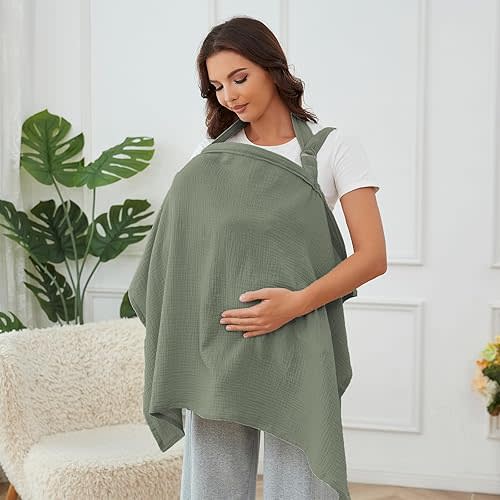 Nursing Cover for Baby Breastfeeding with Rigid Hoop, Breathable Soft 100% Muslin Cotton, Baby Breast Feeding & Pumping Apron, Multi Use Baby Car Seat Stroller Cover (Roman Green)