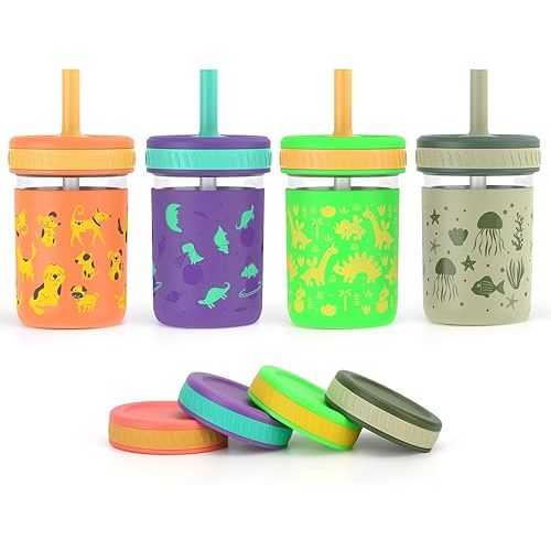 Sursip Toddler Glass Cups with Straw, Spill-Proof Kids Mason Jar Food Storage with Lids, Sippy Cups for Drinks, Smoothies, Snacks, Milk Cup [4 Pack] 8 oz 2-in-1