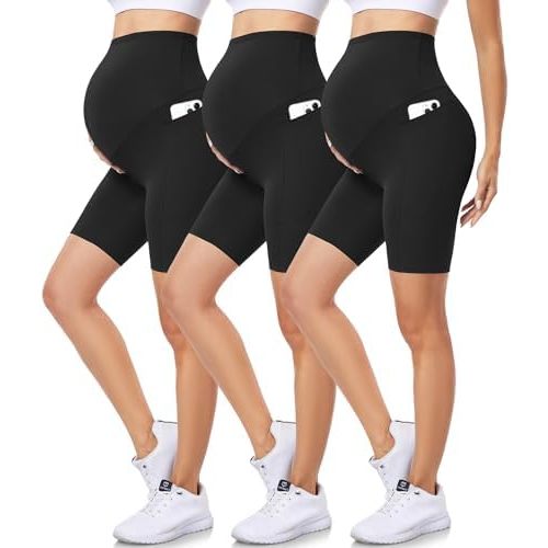 iaoja 3 Pack Maternity Shorts Over The Belly with Pockets-8" Pregnancy Biker Shorts Workout Yoga Pregnant Pants for Women