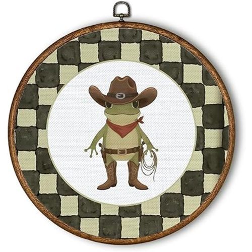QWZDRHYJI Western Cowboy Frog Checkered Round Wall Art Decor, Whimsical Animal Green Plaid Framed Canvas Prints Wall Hanging for Kids Boy Room Nursery Playroom Decorations, 10x10 Inch