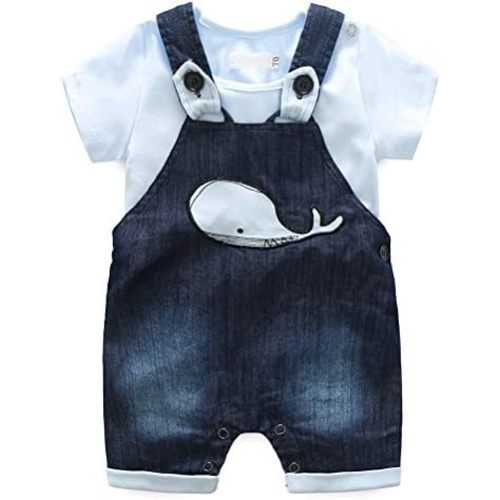 Cute Baby Boys Clothes Toddler Whale Jeans Romper Set with Blue Short Sleeve T-Shirt