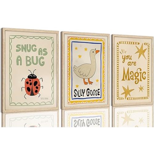 SongZest OAK Wood Framed Wall Art Funny Nursery Canvas Wall Art Cute Animal Pictures Wall Decor Set of 3 Whimsical Silly Goose Paintings Artwork for Kids Bedroom Bathroom Playroom 12x16in