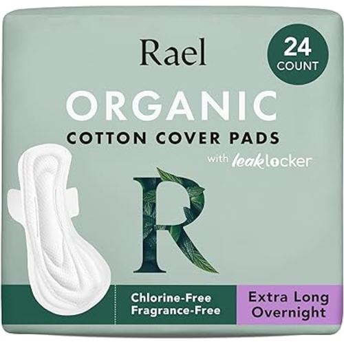 Rael Pads for Women, Organic Cotton Cover - Period Pads with Wings, Feminine Care, Sanitary Napkins, Heavy Absorbency, Unscented, Ultra Thin (Extra Long Overnight, 24 Count)