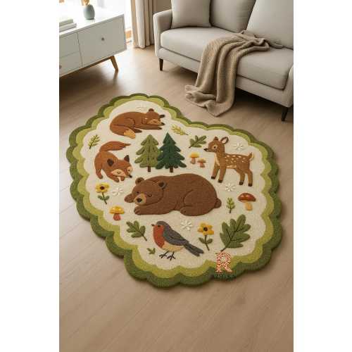 Woodland Animals Rug: An irregular, scalloped-edge Hand Tufted Rug featuring a bear, fox, deer, robin, and trees