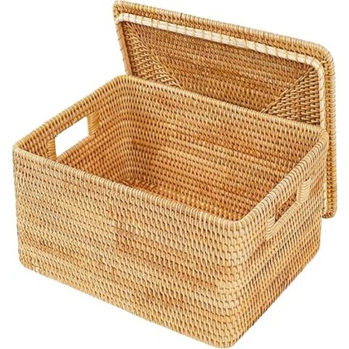 Rattan Basket With Lid,Large Storage Basket Lidded,Rattan Box For Shelf (14.2" L×10.2"W×9.4"H)