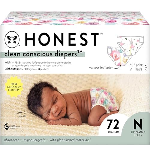 The Honest Company Clean Conscious Diapers | Plant-Based, Sustainable | Rose Blossom + Tutu Cute | Club Box, Size Newborn, 72 Count