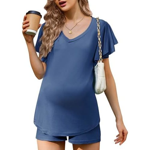 Ekouaer Maternity Pajamas Set 2 Piece Outfits Flowing Short Sleeve Postpartum Pajama for Hospital V Neck Pregnancy Clothes