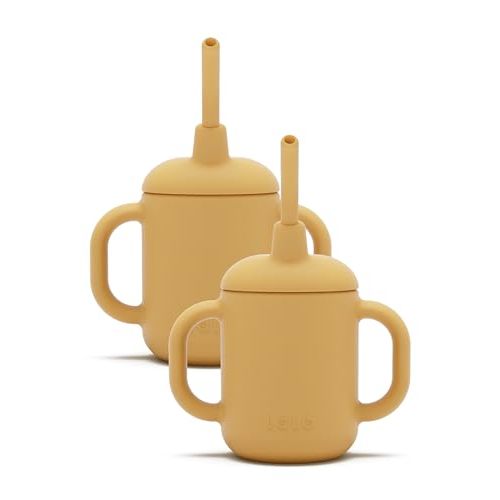 Lalo Little Cup 2-Pack, Non-Toxic Silicone Straw Cup with Handles - Baby and Toddler Sippy Cup - Mini Cup and Straw Training System, 4oz, Honey