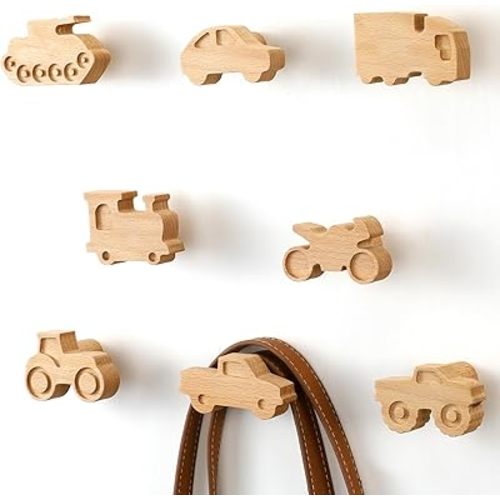 Beeveer 8 Pack Kids Coat Hooks Wall Mount Car Shaped Wooden Coat Rack for Kids Room Nursery Wood Wall Hooks for Hanging Hats, Backpacks, Towels, Keys and Clothes