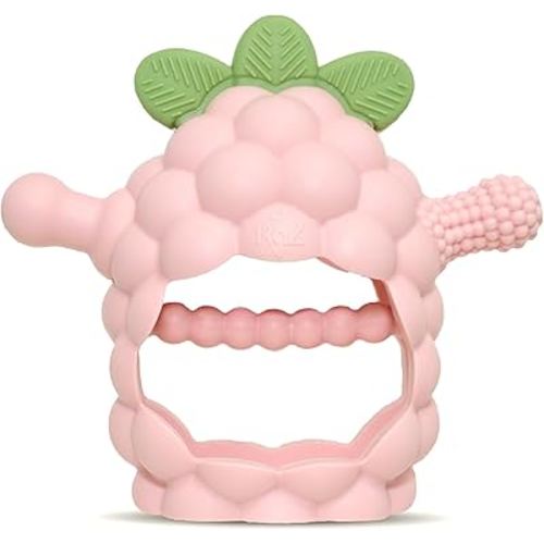 RaZbaby RaZberry Grip Silicone Teether Toy for 3M+ | Drop Resistant Hand Held Teether for Babies and Infants - Designed by Nature with Our Patented BerryBumps Multitextured Design | 3M+, Pink