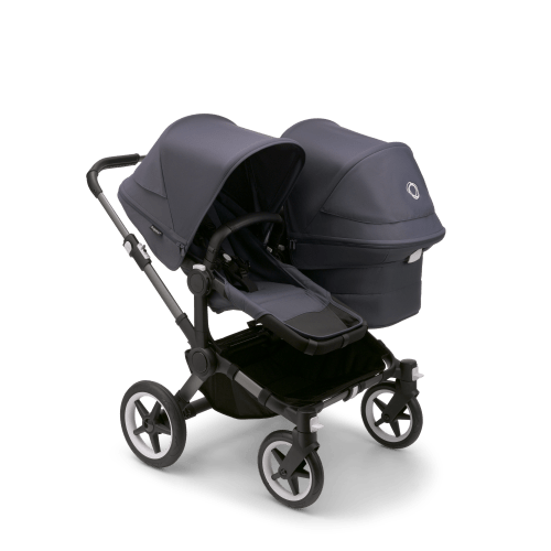 Bugaboo Donkey 5 Duo bassinet and seat stroller graphite base, stormy blue fabrics, stormy blue sun canopy