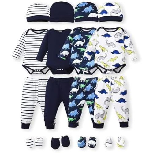 NZRVAWS Newborn Baby Boy Girl Clothes Unisex Infant Romper Pants Set Hat 4-Pack Outfits 0-12 Months 16 Pieces Toddler