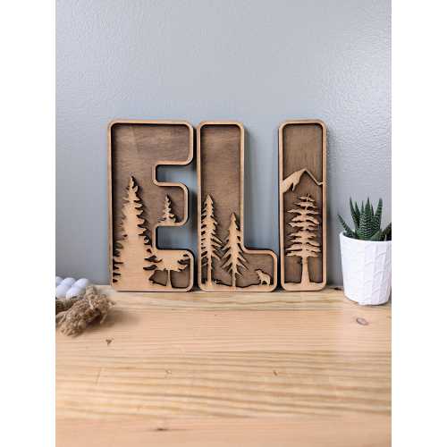 Personalized Wooden Name Sign with Forest Tree Design - Custom 3D Layered Wood Letters for Nursery, Kids Room, Rustic Wall Decor, Gift Idea