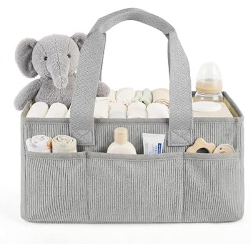 Baby Diaper Caddy Organizer with Portable Changing Mat-Portable Baby Organizers and Storage, Gift for Baby Shower, Corduroy Baby Essentials Organizer with Removable Dividers (Gray)