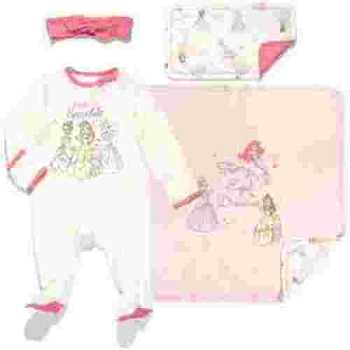 Disney Princess Belle Tiana Cinderella Newborn Baby Girls Zip Up Sleep N' Play Headband Burp Cloth and Blanket 4 Piece Outfit Set Newborn