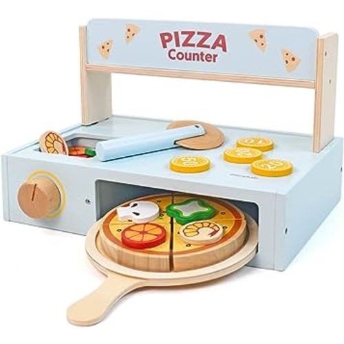 Wooden Toys Pizza Oven with Toppings & Accessories,Wooden Pizza Counter Playset,Pretend Play Pizza Making Toy Set for Kids Boys Girls 3+