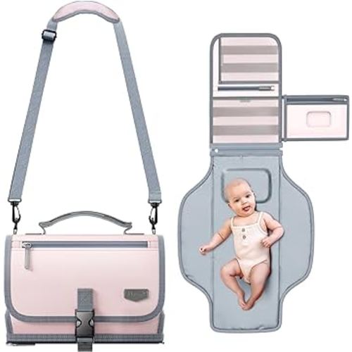 Portable Diaper Changing Pad with Shoulder Strap, Detachable Travel Changing Pad with Baby Wipes Pocket, Gifts for Baby Shower, Newborn Girls and Boys (Pink)