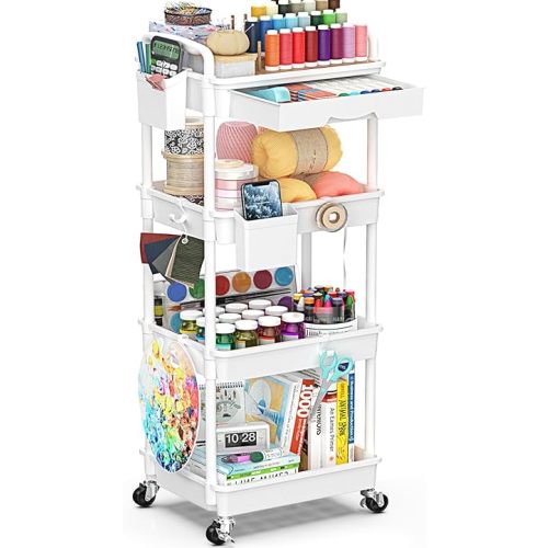 4 Tier Rolling Utility Cart with Drawer, Utility Storage Organizer with Plastic Shelf & Lockable Wheels Multifunctional Storage Cart for Kitchen, Bathroom, Office, Living Room, White