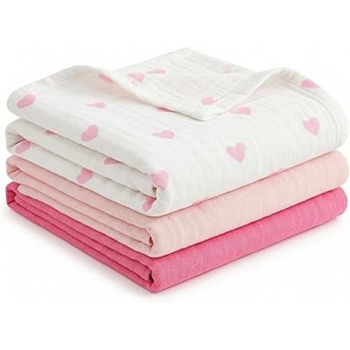 Muslin Swaddle Blankets for Boys Girls, 3 Pack Receiving Baby Blanket Large 47 x 47 inches, Soft Breathable Swaddling Wrap for Unisex Newborn (Gentle Pink, Pink, Love)