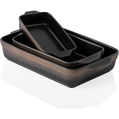 Kanwone Ceramic Baking Dishes, Rectangular Lasagna Pans, Casserole Dishes, Bakeware Set for Cooking, Kitchen, Cake Dinner, 9 x 13 Inches, Stripe Series - Reactive Glazed (Matte Black)