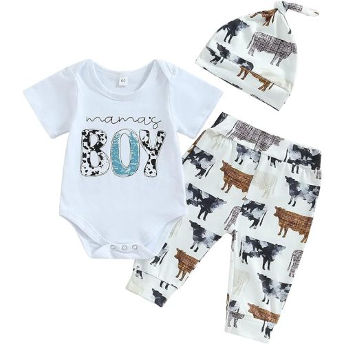 Newborn Baby Boys Long Sleeve Letters Deer Romper Bodysuit Tops Camo Pants with Hat 3 Pcs Outfit Clothes Set