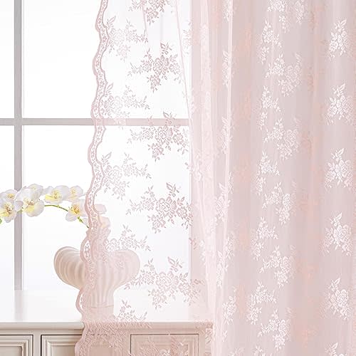 MEETSKY Pink Lace Curtains 90 Inch Length Set of 2 Vintage Victorian French Pretty Elegant for Girls Room Light Filtering Privacy Protect Back Tab Rod Pocket Sheer Drapes, 50"W Each Panel, Light Pink
