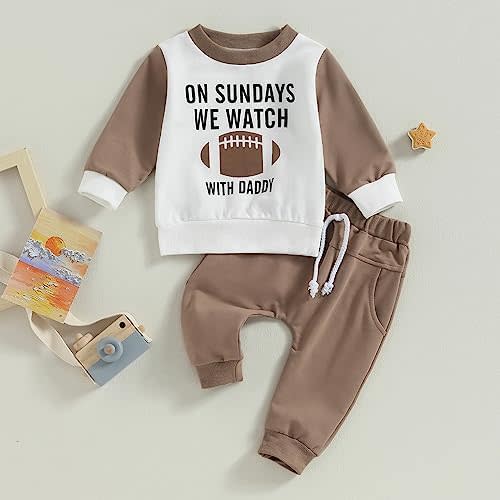 Karuedoo Toddler Baby Boy Girl Football Outfit On Sundays We Watch Football with Daddy Sweatshirt Pants Set 2Pcs Fall Clothes