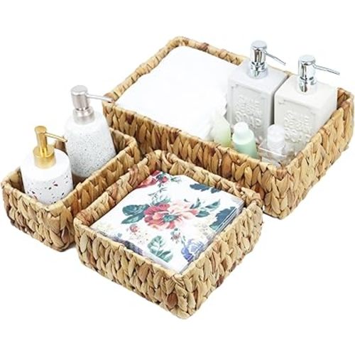 Wicker Baskets for Organizing, Woven Storage Baskets for Shelves, Water Hyacinth Wicker Baskets for Storage, Decorative Shelf Baskets for Pantry, Set of 3 (Large, Medium, and Small)