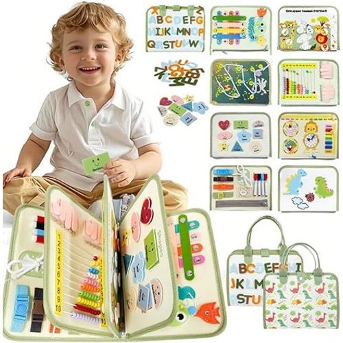 Aurasys Toddler Busy Board - Montessori Busy Book Travel Toys Sensory Board Educational Activity Book for Learning Fine Motor Skills, Gifts for Girls Boys Toddler