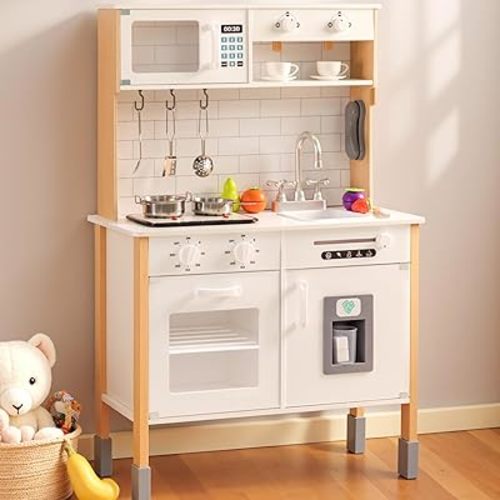 Play Kitchen for Kids Wooden Kitchen Toy Playset w/Light and Clicking Knobs, Chef Pretend Play Set w/Microwave, Oven, Coffee Machine, Ice Maker, Telephone, Toy Kitchen Set for Toddlers (White)