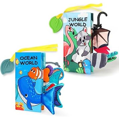 Baby Books with Teether, Baby Cloth Book, Sensory Book, Infant Newborn Tummy Time Crinkle Book, Baby Books 0-6 Months, Touch Feel Book Gift for Boys Girls-2 Pack